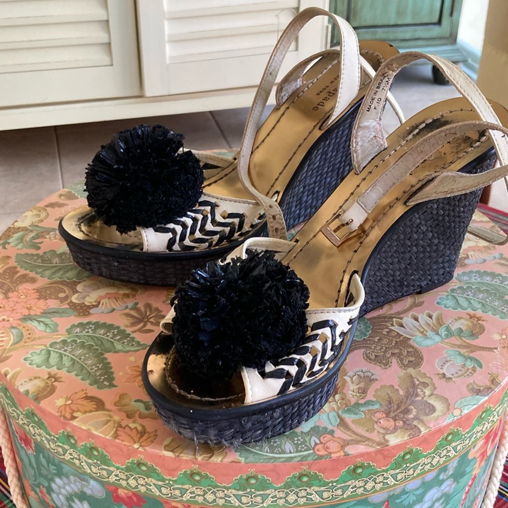 Betsey Johnson Black and Cream Wedges with Pom-Pom Detail